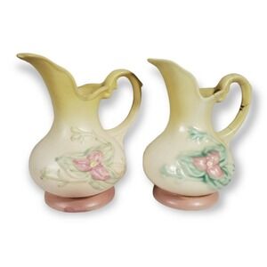 Hull Art Pottery Pitcher-Pink,Cream & Green Set of 2 Flower Vintage Flawed